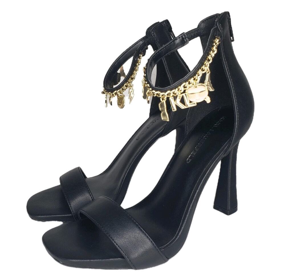 Karl Lagerfeld Black Strappy Stiletto Heels Charm Chain Ankle Strap Womens 7.5